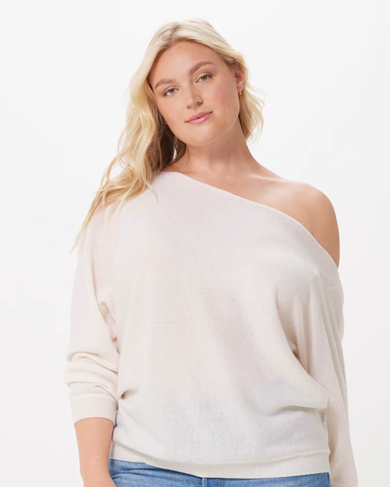 Front of a model wearing a size 1X Cashmere Off the Shoulder Sweater in White by Minnie Rose. | dia_product_style_image_id:325013